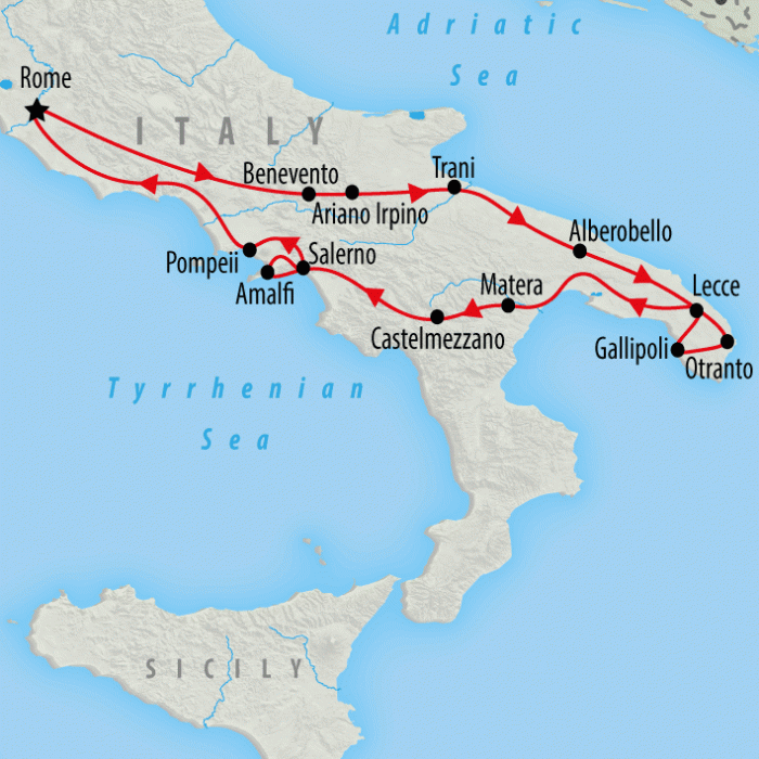 tourhub | On The Go Tours | Puglia, Pompeii & Amalfi - 6 days | Tour Map