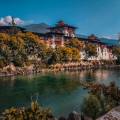 The Mo Chhu flowing alongside Punakha Dzong at Punakha.