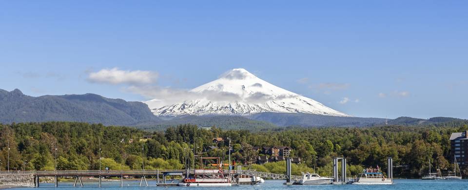 Snowy volcano behind the town of Purcon