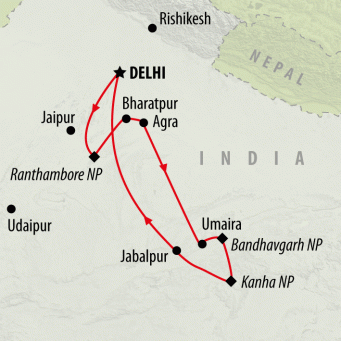 Ranthambore to Kanha - 15 days map