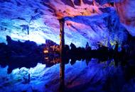 The brightly illuminated rock formations of the Reed Flute Cave in Guilin