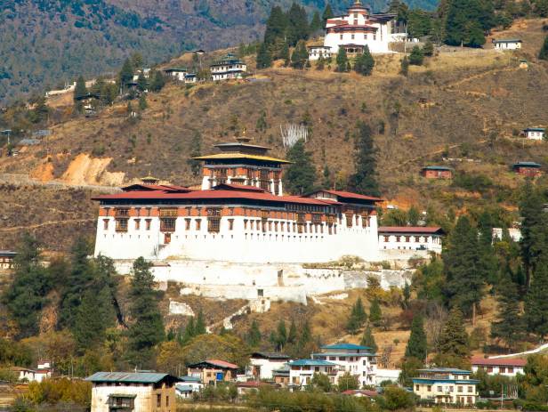 The Mo Chhu flowing alongside Punakha Dzong at Punakha.