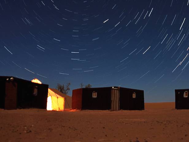Camels lying down under the starry sky in the desert near Zagora