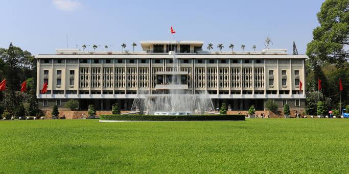 The front of the Reunification Palace in Saigon 