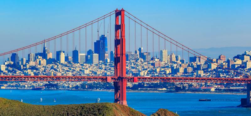 A panoramic view of San Francisco with the Golden Gate Bridge in the foreground
