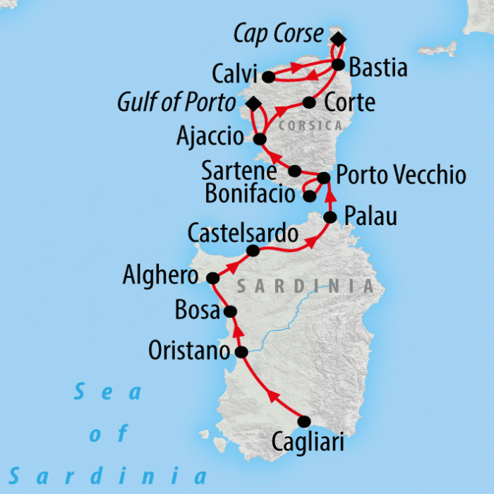 tourhub | On The Go Tours | Sardinia & Corsica Discovery - 14 days | Tour Map