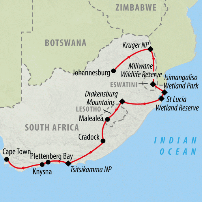 tourhub | On The Go Tours | Sensational South Africa Southbound 2024 - 19 days | Tour Map