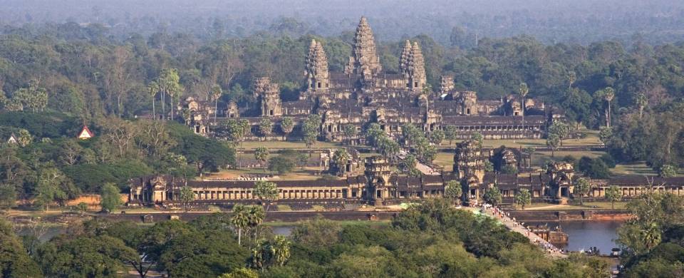 Aerial view of the Angkor Wat complex, situated just outside of Siem Reap