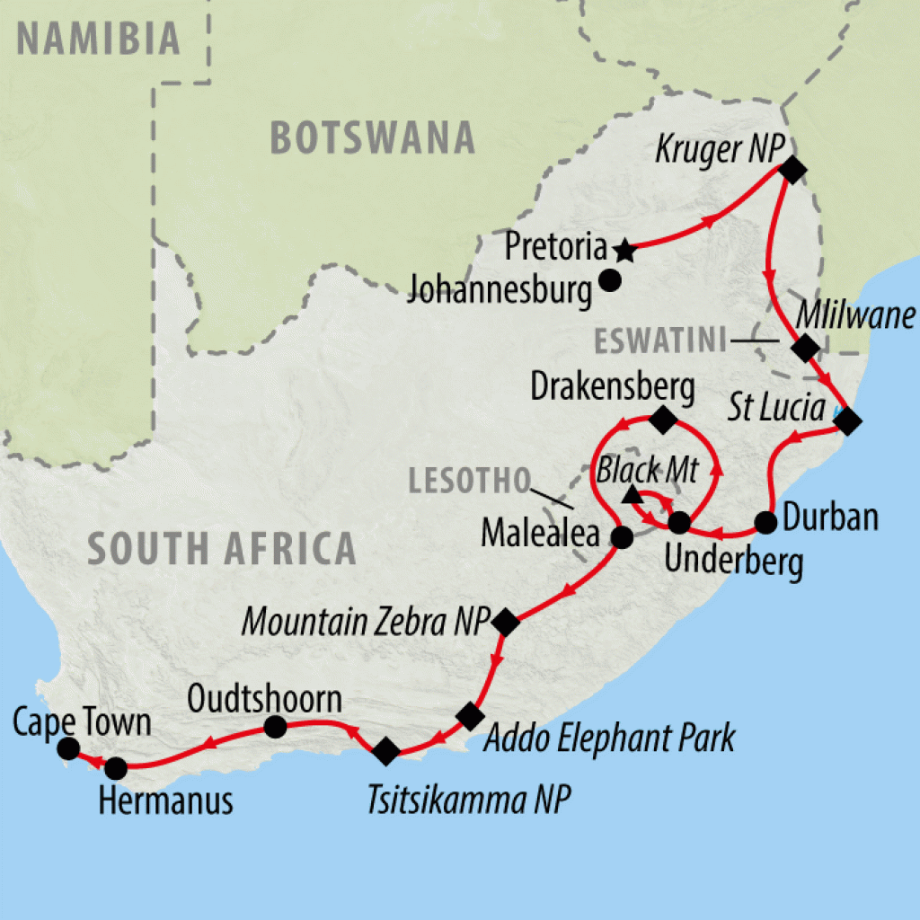 South Africa, Eswatini & Lesotho - 20 days map