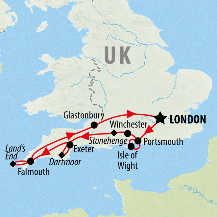 tourhub | On The Go Tours | Southern England & Stonehenge (Hotel) - 7 days | Tour Map