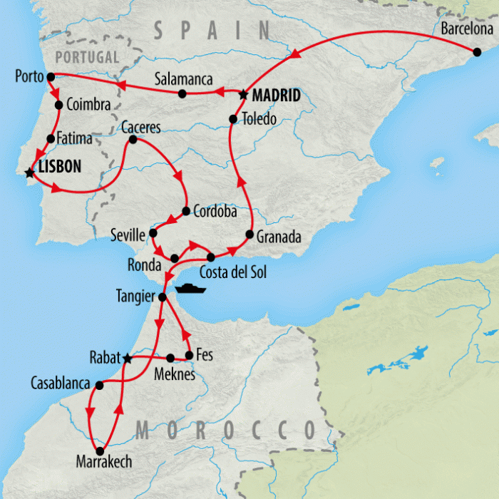 tourhub | On The Go Tours | Spain, Portugal & Morocco Encompassed - 23 days  | Tour Map