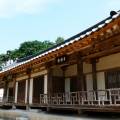 Single Log Bridge that stretches across a shallow river in Museom Village in Yeongju 