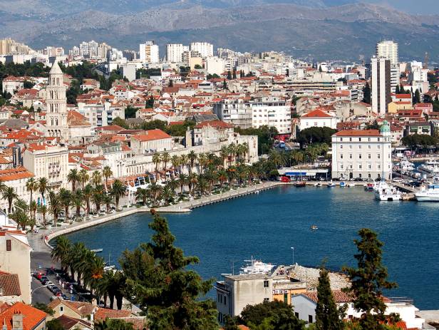 View of the main strip of Split, lined with palm trees along the waterfront