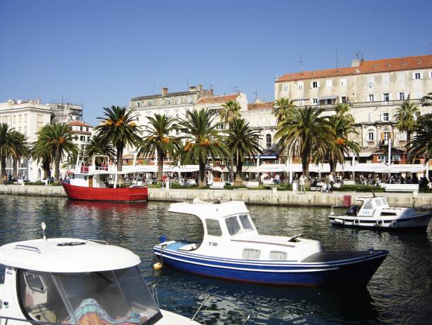 View of the main strip of Split, lined with palm trees along the waterfront