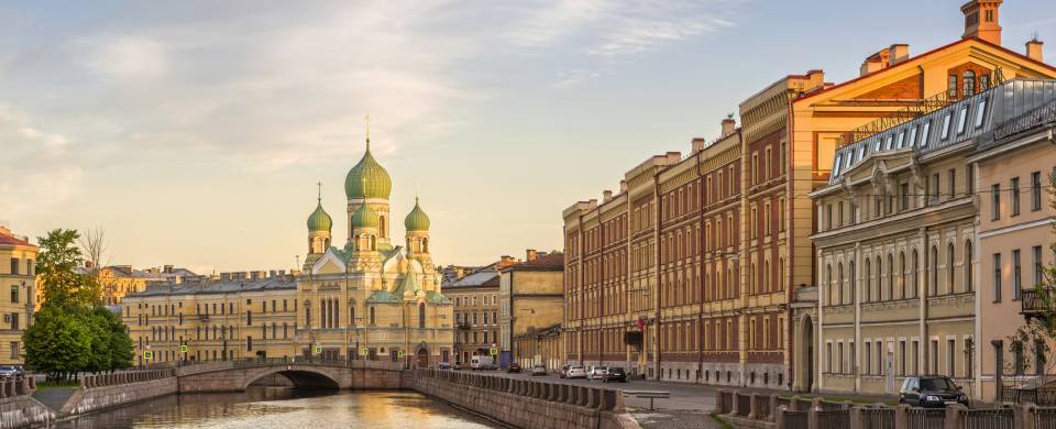 Attractive buildings lining the canals of St Petersburg