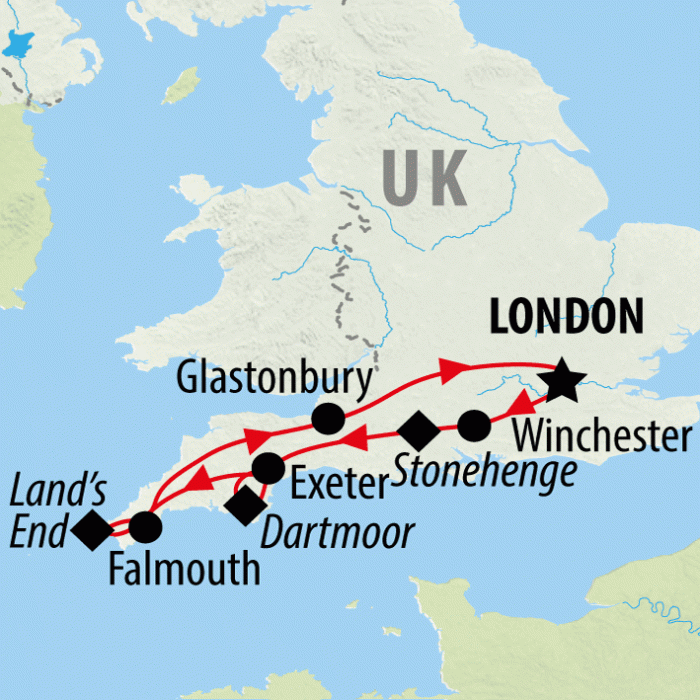 tourhub | On The Go Tours | Stonehenge, Devon & Cornwall (Hotel) - 5 days | Tour Map