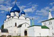 The blue-domed and gold spangled domes of the Nativity of the Virgin Cathedral in Suzdal's Kremlin