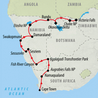 Table Mountain to Victoria Falls - 20 days map