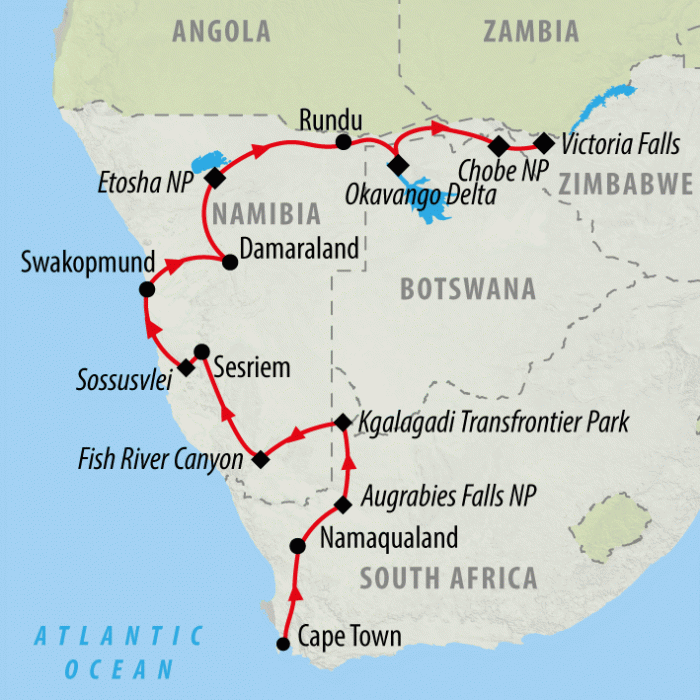 tourhub | On The Go Tours | Table Mountain to Victoria Falls - 20 days | Tour Map