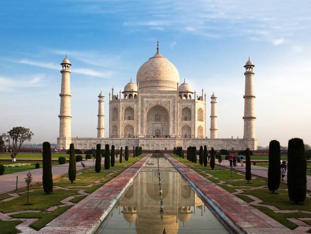 The Taj Mahal reflected in the water in Agra