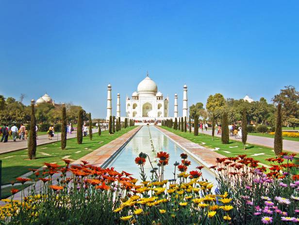 The Taj Mahal reflected in the water in Agra