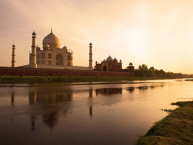 The Taj Mahal reflected in the water in Agra