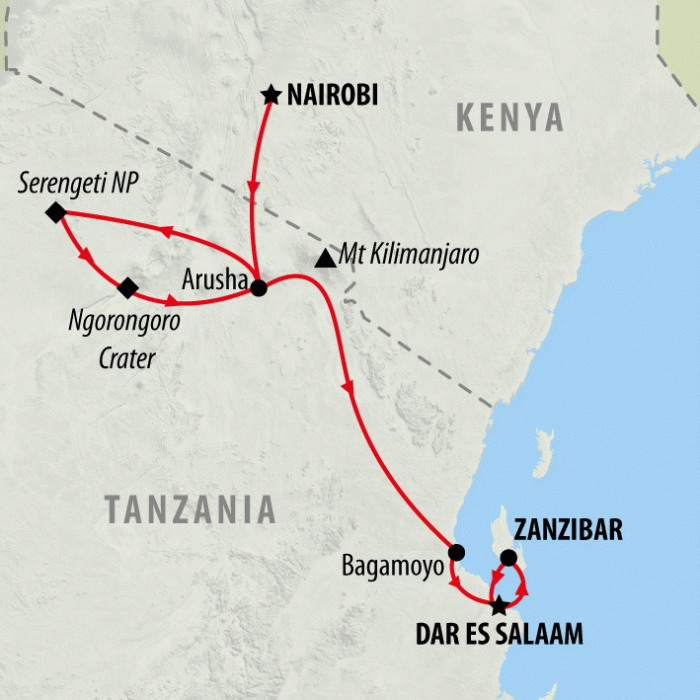 tourhub | On The Go Tours | Tanzania & Zanzibar (Accommodated) - 10 days | Tour Map
