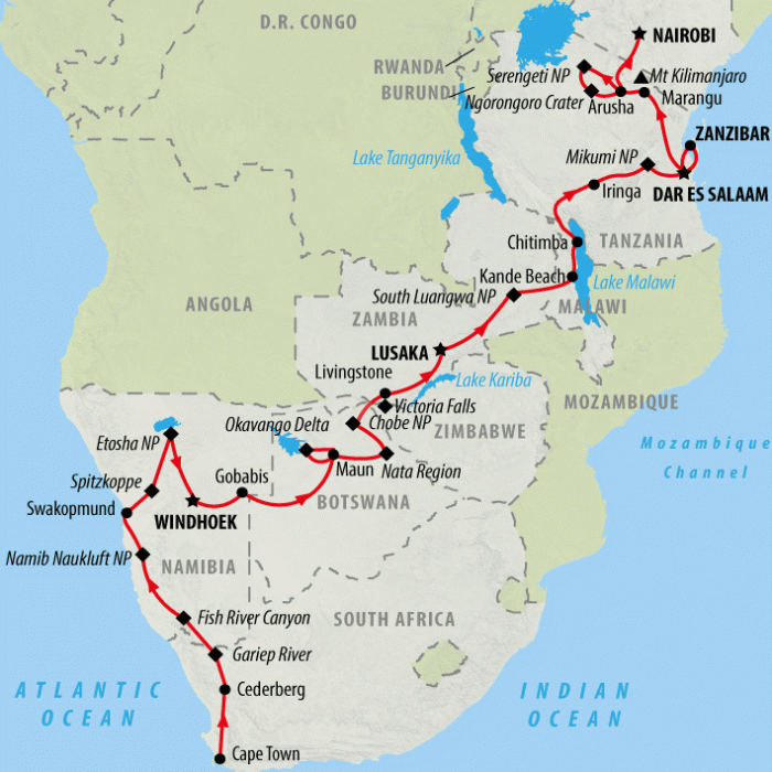 tourhub | On The Go Tours | The Big Overlander Northbound (Accommodated) - 41 days | Tour Map