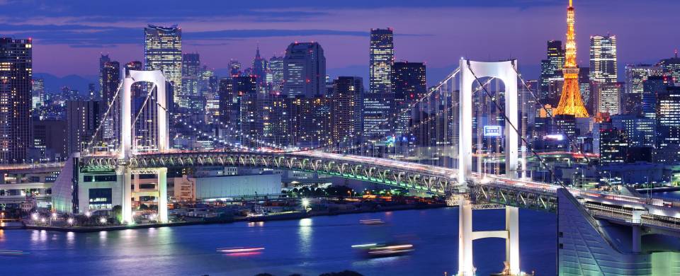 Rainbow Bridge, stretching across the water in Tokyo, lit up at night