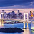 Rainbow Bridge, stretching across the water in Tokyo, lit up at night