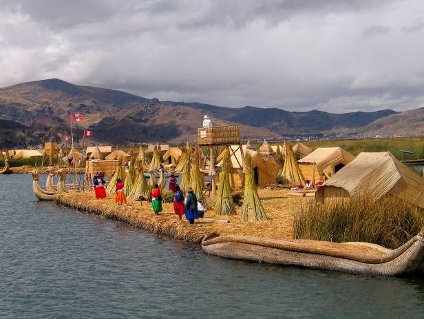 An aerial view of Puno city on the banks of Lake Titicaca in Peru
