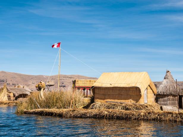 An aerial view of Puno city on the banks of Lake Titicaca in Peru