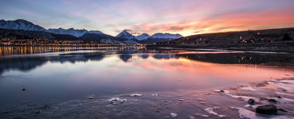 Stunning sunset, painting the sky pink and purple in Ushuaia at the end of the earth