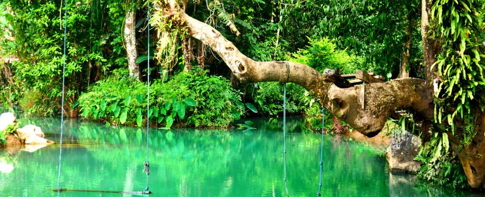 The Blue Lagoon, home to fascinating caves as well as a water swing, in Vang Vieng