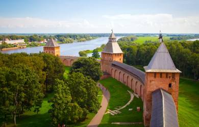 Looking out over the imposing Kremlin walls of Veliky Novgorod and its riverside setting