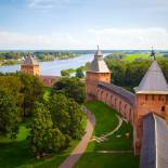 Looking out over the imposing Kremlin walls of Veliky Novgorod and its riverside setting