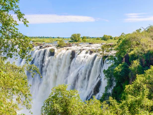 Aerial view of the dazzling blue water of Victoria Falls