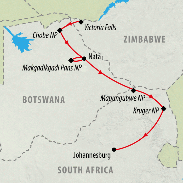 tourhub | On The Go Tours | Victoria Falls to Joburg - 12 Days  | Tour Map