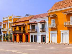 View of the historic Plaza de la Aduana in the colonial center of Cartagena, Colombia