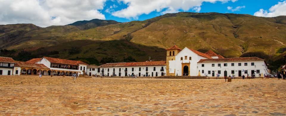 The attractive colonial architecture of Villa de Leyva with a mountainous backdrop