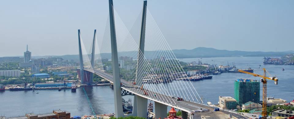 Iconic spikes of Zolotoy Bridge in Vladivostok