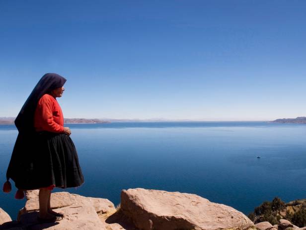 An aerial view of Puno city on the banks of Lake Titicaca in Peru