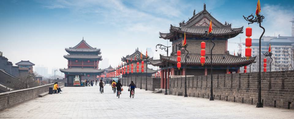 Cyclists on the old city walls in Xian