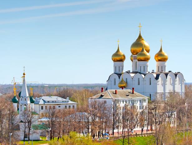 An aerial view of the city of Yaroslavl with its neat urban layout, green parks and towering churche