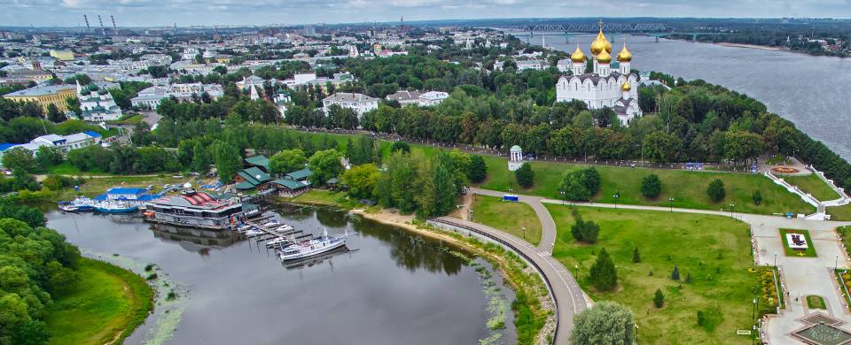 An aerial view of the city of Yaroslavl with its neat urban layout, green parks and towering churche