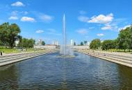 Looking out across the fountain of Yekaterinburg's historic square known as Istorichesky Skver