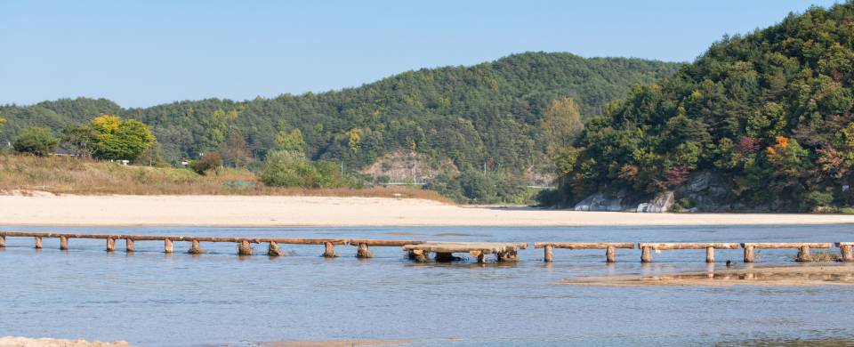 Single Log Bridge that stretches across a shallow river in Museom Village in Yeongju
