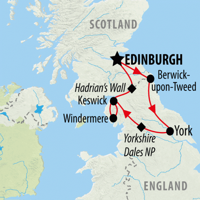 tourhub | On The Go Tours | York, Windermere & Hadrian's Wall - 5 days | Tour Map