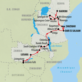 Zambia to Nairobi (Accommodated) - 21 days map