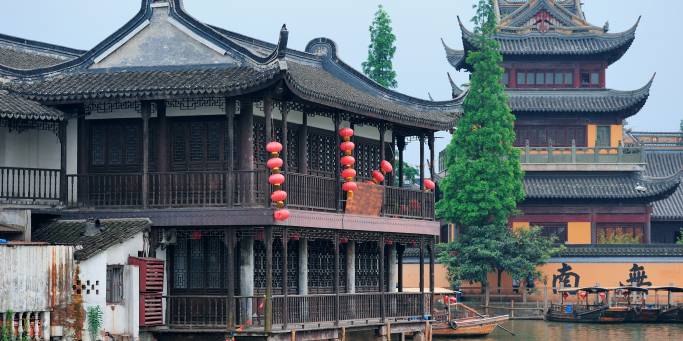 The traditional timber buildings of Zhujiajiao water town near Shanghai